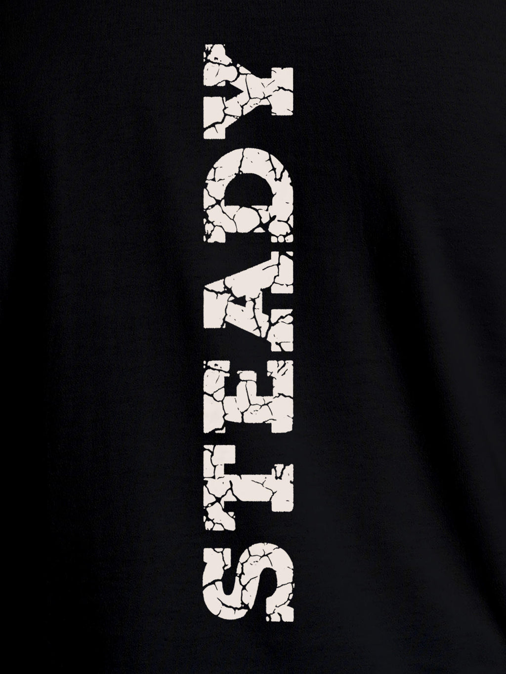 Close up of 'Steady' design on Men's Black Round Neck T-shirt, highlighting intricate details and vibrant print.