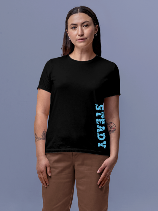 Fighterhero T-shirts: Model wearing Women's Black Round Neck T-shirt with 'Steady' design