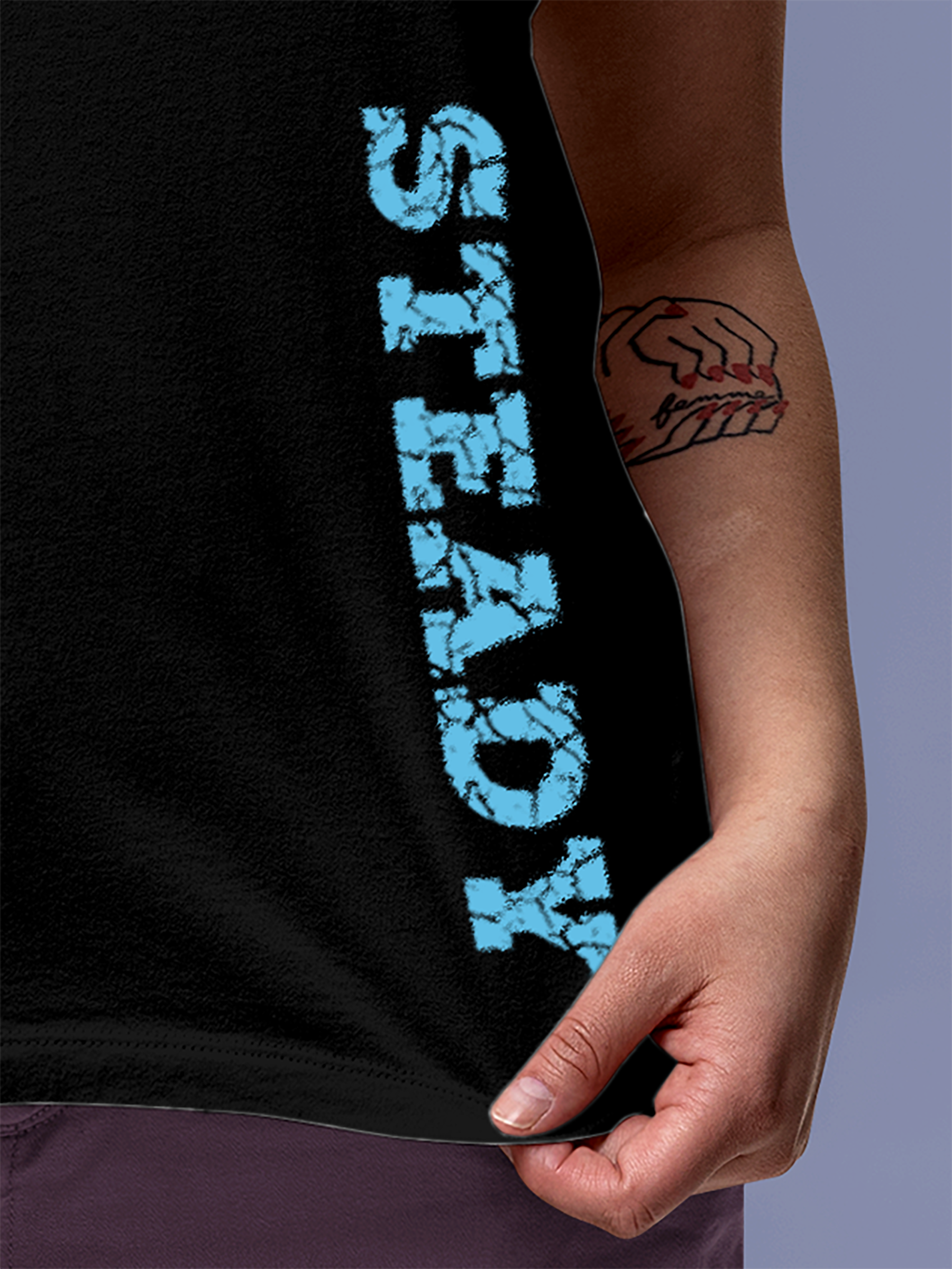 Close up of 'Steady' design on Women's Black Round Neck T-shirt, highlighting intricate details and vibrant print.
