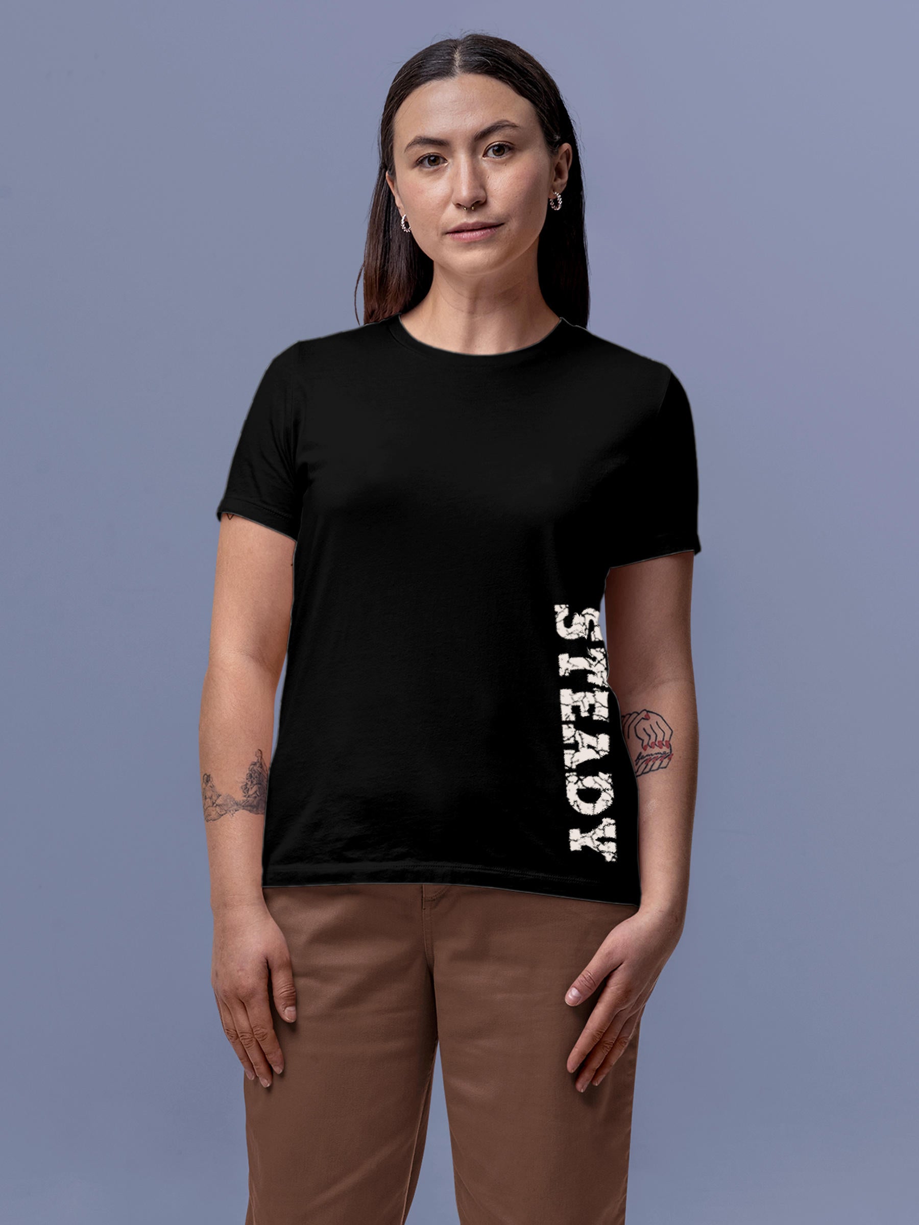 Model wearing Women's Black Round Neck T-shirt with 'Steady' design, offering effortless style and premium comfort