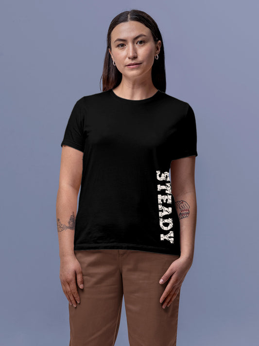 Model wearing Women's Black Round Neck T-shirt with 'Steady' design, offering effortless style and premium comfort
