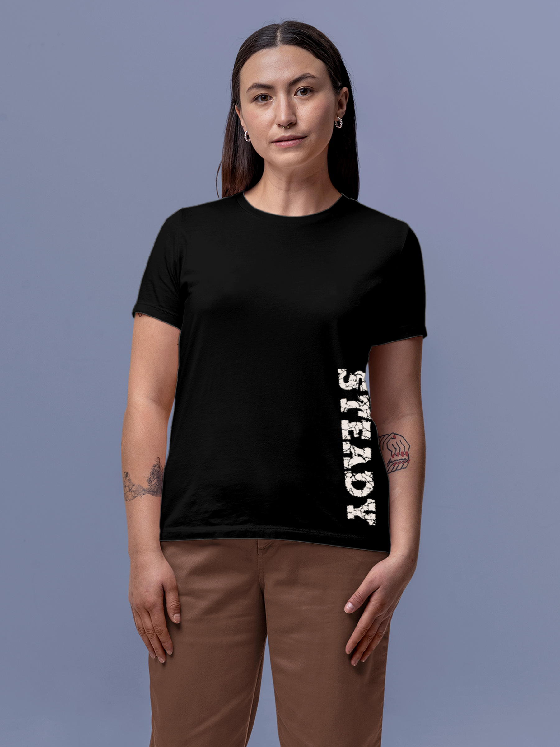 Model wearing Women's Black Round Neck T-shirt with 'Steady' design, offering effortless style and premium comfort