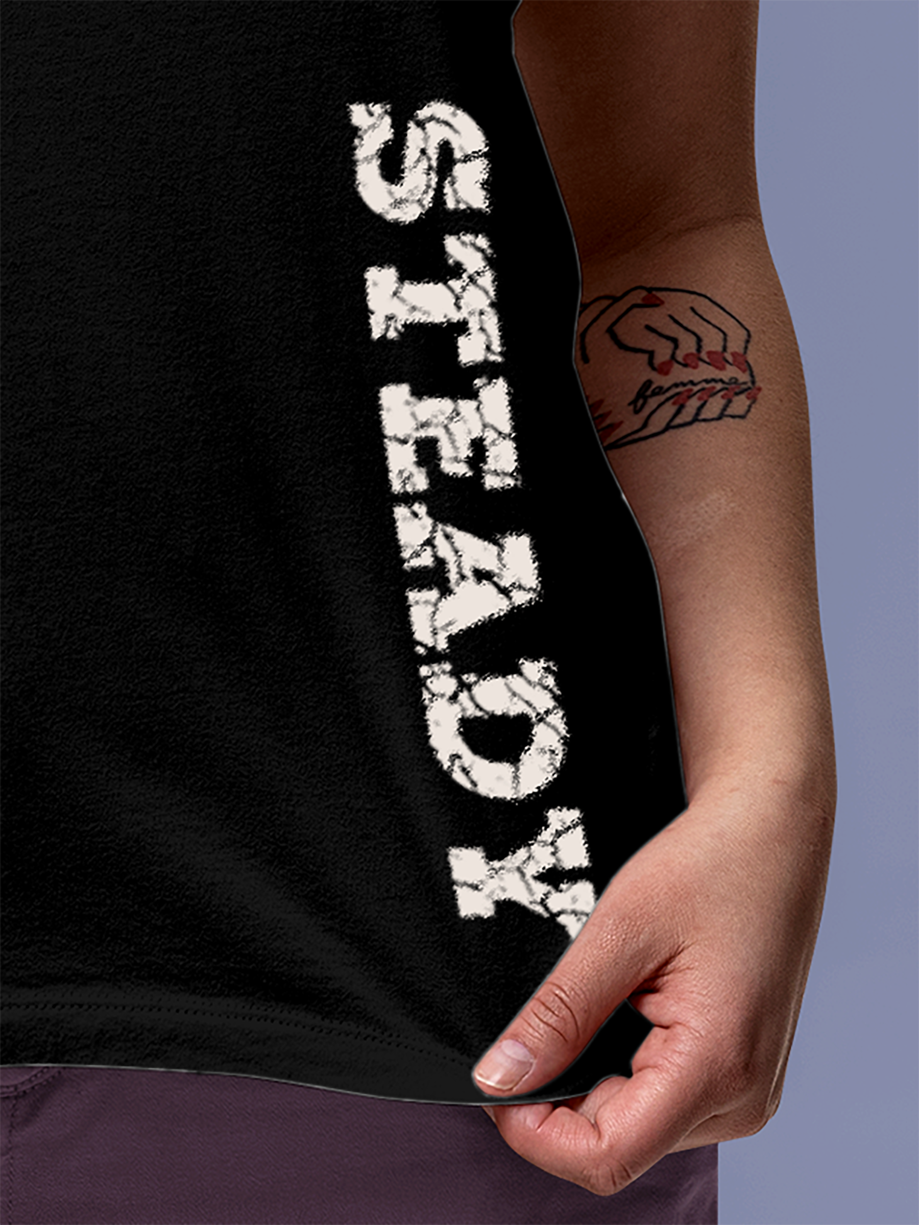Close up of 'Steady' design on Women's Black Round Neck T-shirt, highlighting intricate details and vibrant print.
