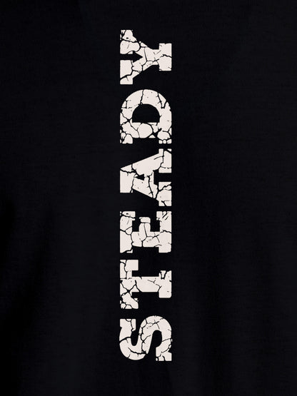 Close up of 'Steady' design on Women's Black Round Neck T-shirt, highlighting intricate details and vibrant print.