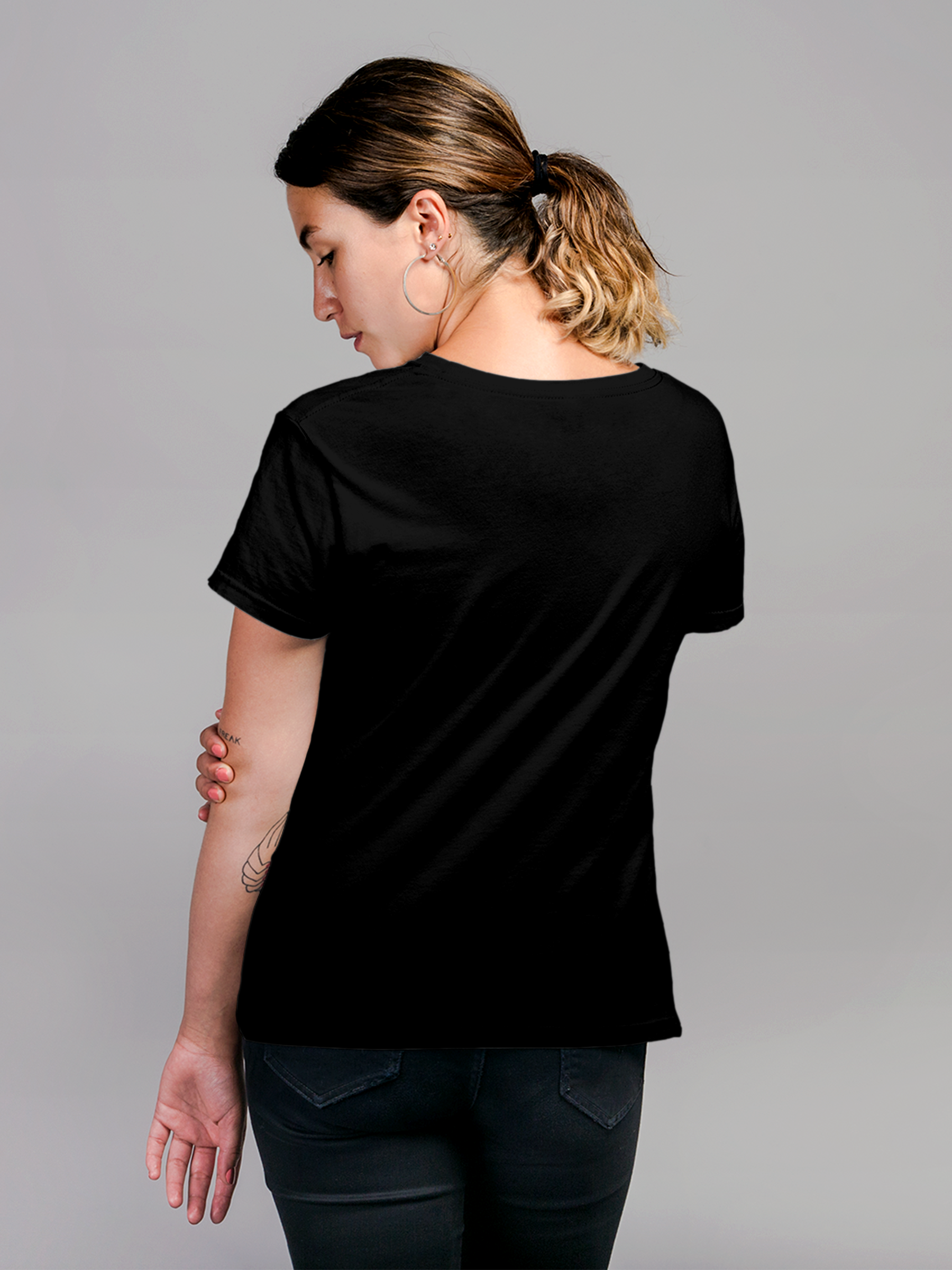 Back view of Fighterhero Women's Black Round Neck T-shirt, highlighting the modern look and clean finish