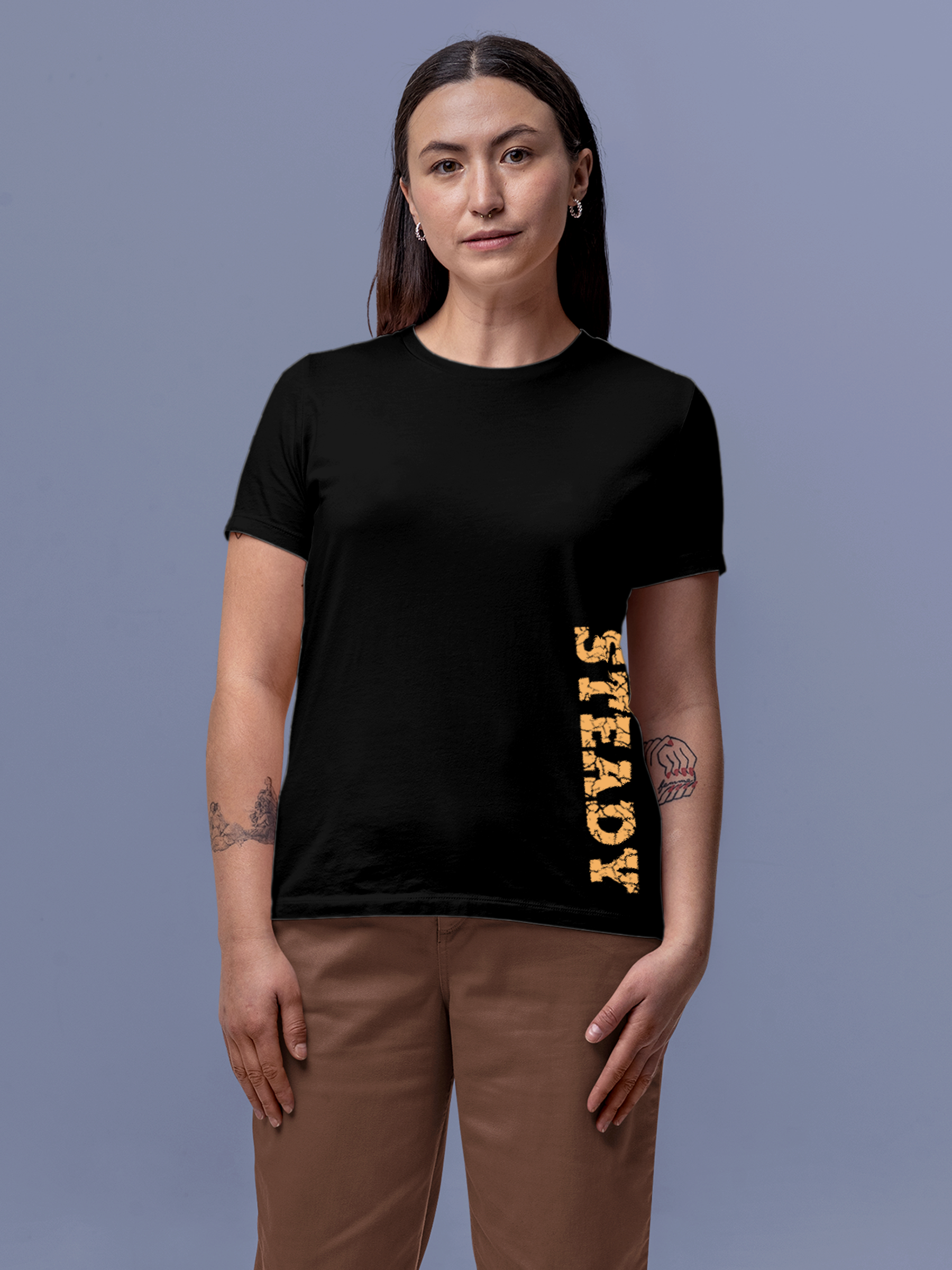 Model wearing Women's Black Round Neck T-shirt with 'Steady' design, offering effortless style and premium comfort