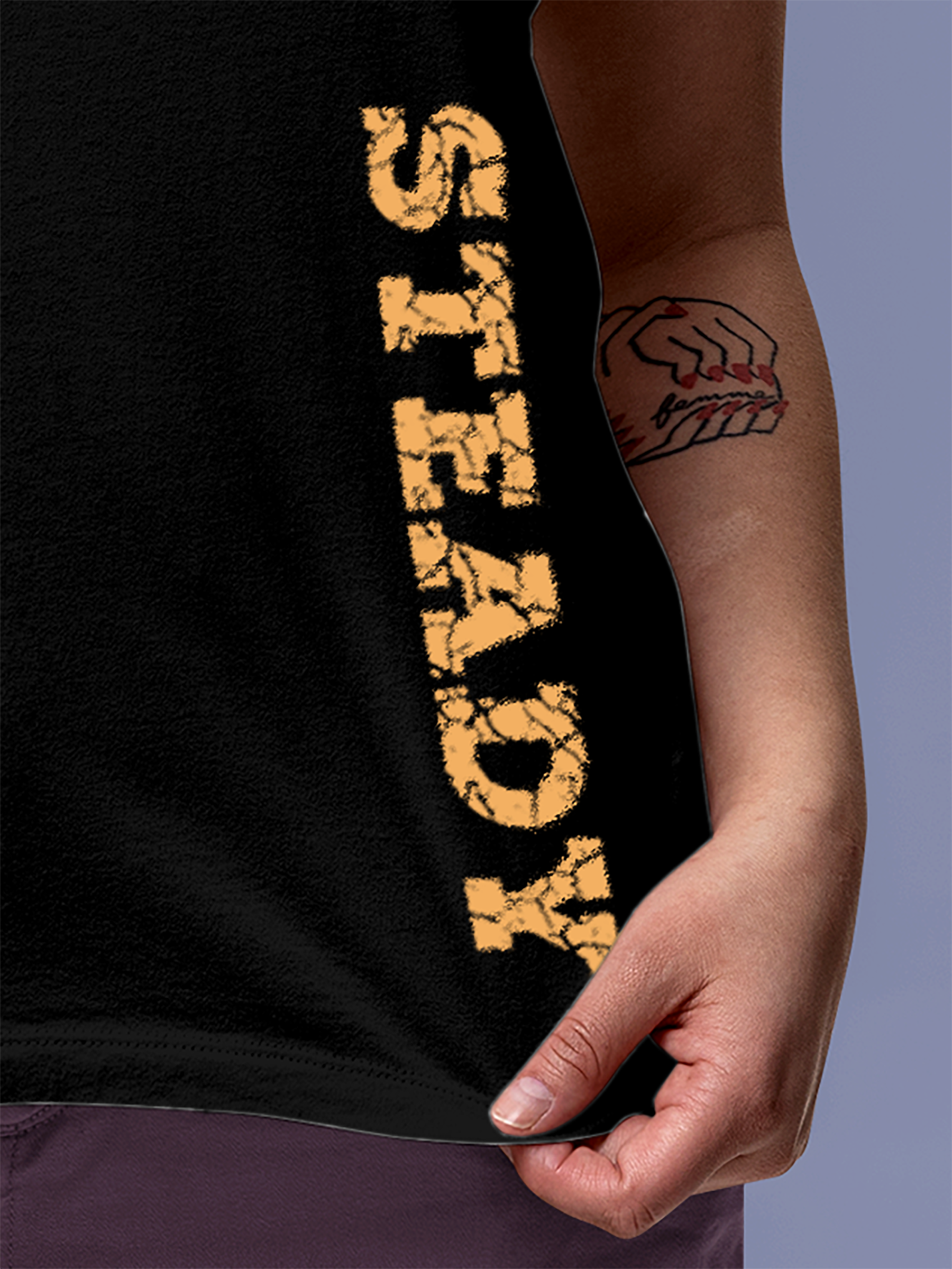 Close up of 'Steady' design on Women's Black Round Neck T-shirt, highlighting intricate details and vibrant print.
