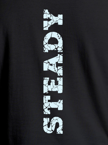 Close up of 'Steady' design on Men's Dark Grey Round Neck T-shirt, highlighting intricate details and vibrant print.