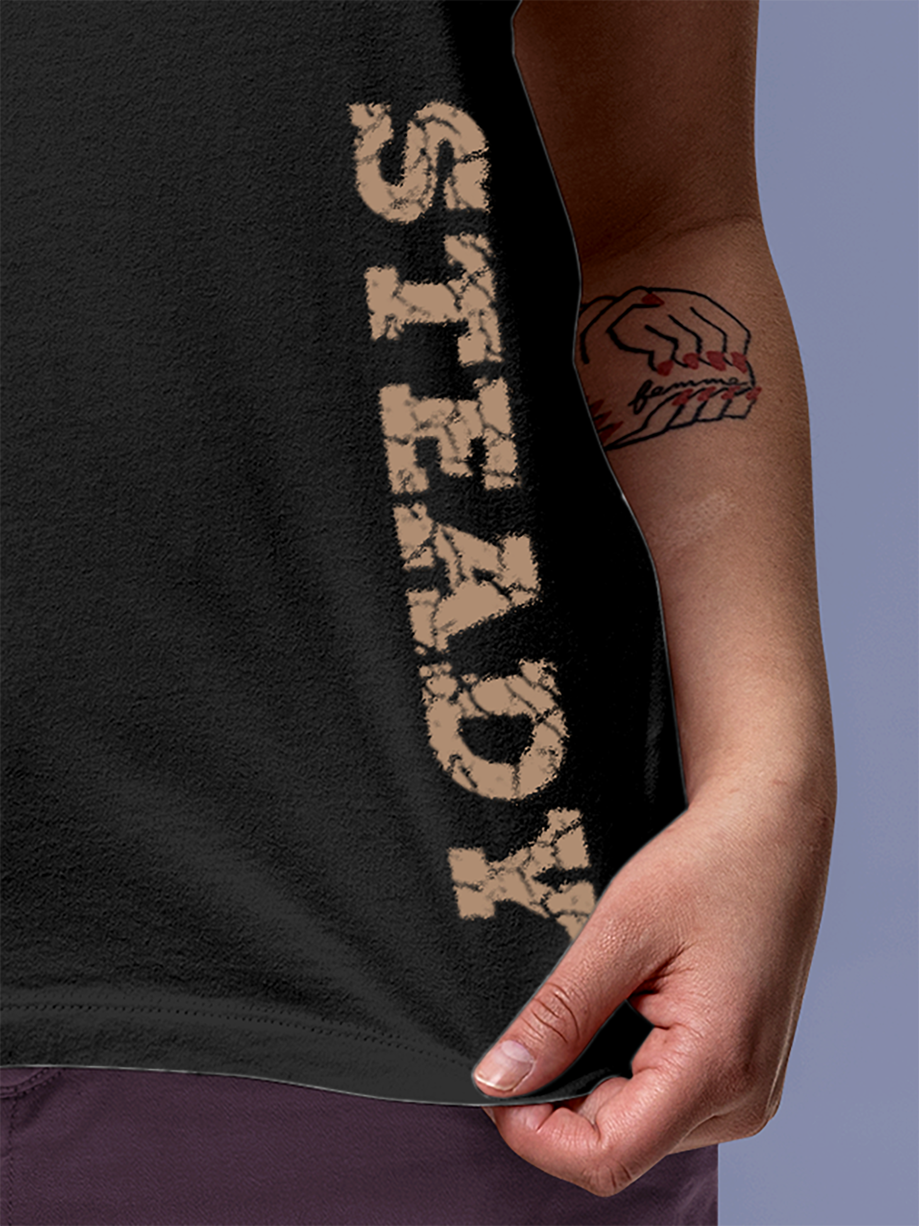 Close up of 'Steady' design on Women's Charcoal Grey Round Neck T-shirt, highlighting intricate details and vibrant print.