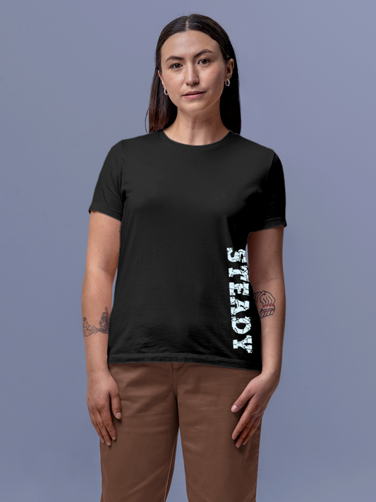 Fighterhero T-shirts: Model wearing Women's Charcoal Grey Round Neck T-shirt with 'Steady' design