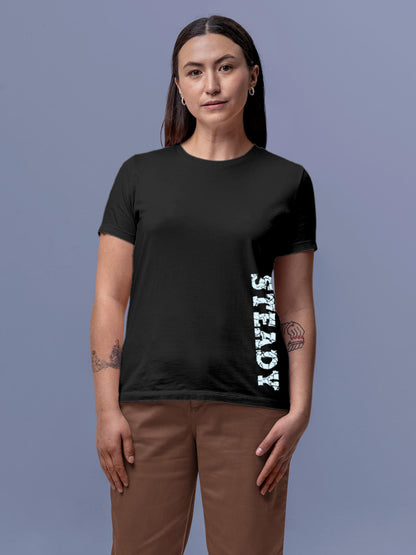 Model wearing Women's Dark Grey Round Neck T-shirt with 'Steady' design, offering effortless style and premium comfort