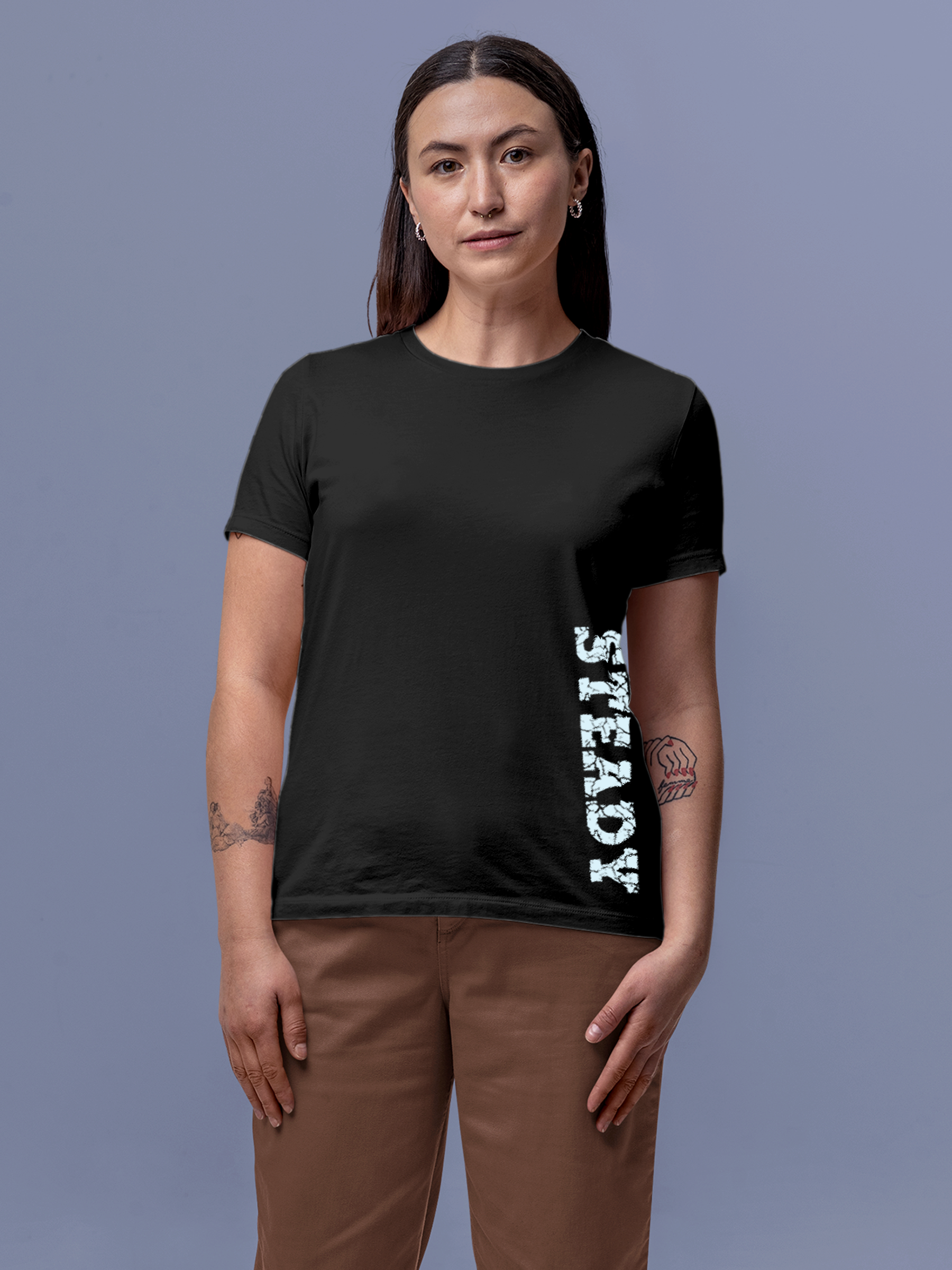 Model wearing Women's Charcoal Grey Round Neck T-shirt with 'Steady' design, offering effortless style and premium comfort