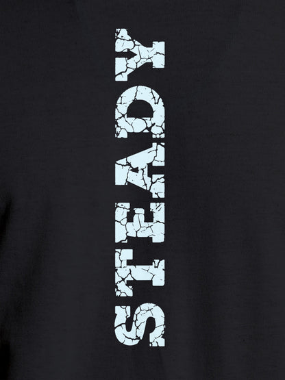 Close up of 'Steady' design on Women's Dark Grey Round Neck T-shirt, highlighting intricate details and vibrant print.