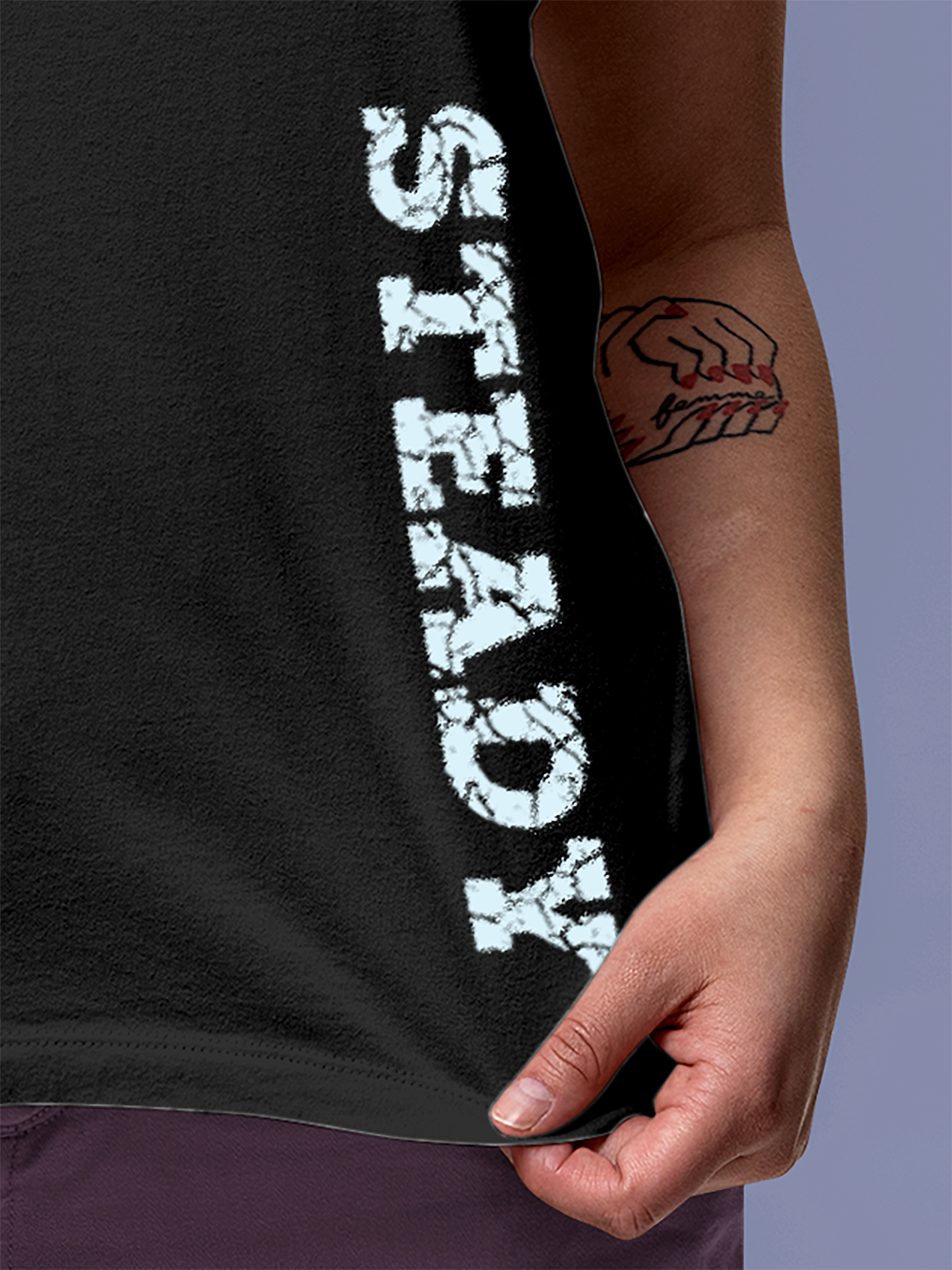 Close up of 'Steady' design on Women's Charcoal Grey Round Neck T-shirt, highlighting intricate details and vibrant print.