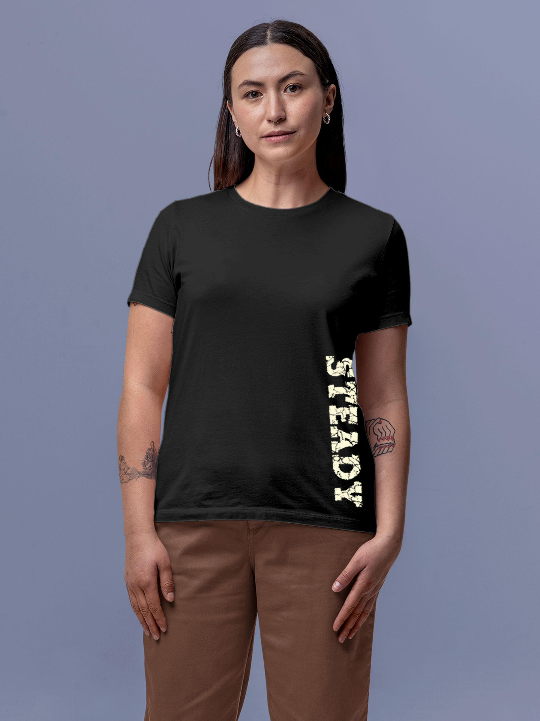Model wearing Women's Charcoal Grey Round Neck T-shirt with 'Steady' design, offering effortless style and premium comfort