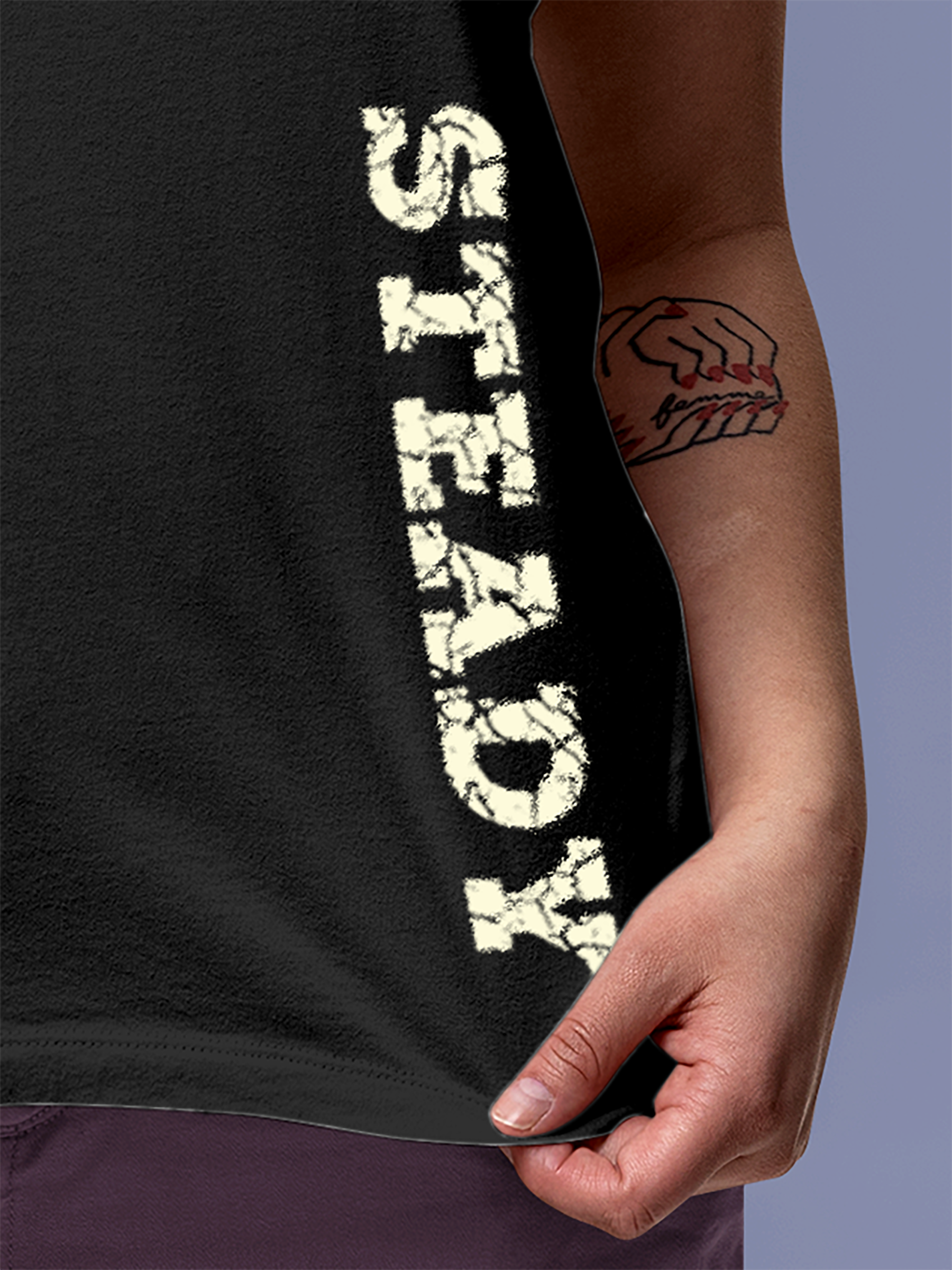 Close up of 'Steady' design on Women's Charcoal Grey Round Neck T-shirt, highlighting intricate details and vibrant print.
