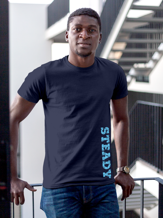 Fighterhero T-shirts: Model wearing Men's Navy Blue Round Neck T-shirt with 'Steady' design