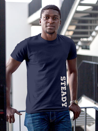Model wearing Men's Navy Blue Round Neck T-shirt with 'Steady' design, offering effortless style and premium comfort