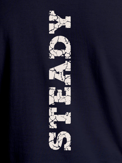 Close up of 'Steady' design on Men's Navy Blue Round Neck T-shirt, highlighting intricate details and vibrant print.