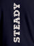 Close up of 'Steady' design on Men's Navy Blue Round Neck T-shirt, highlighting intricate details and vibrant print.