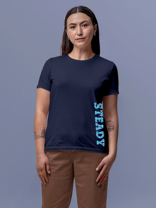Fighterhero T-shirts: Model wearing Women's Navy Blue Round Neck T-shirt with 'Steady' design