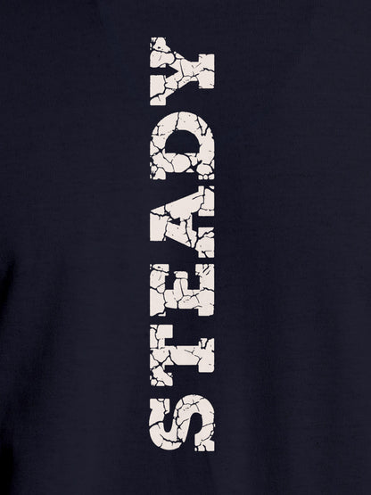 Close up of 'Steady' design on Women's Navy Blue Round Neck T-shirt, highlighting intricate details and vibrant print.