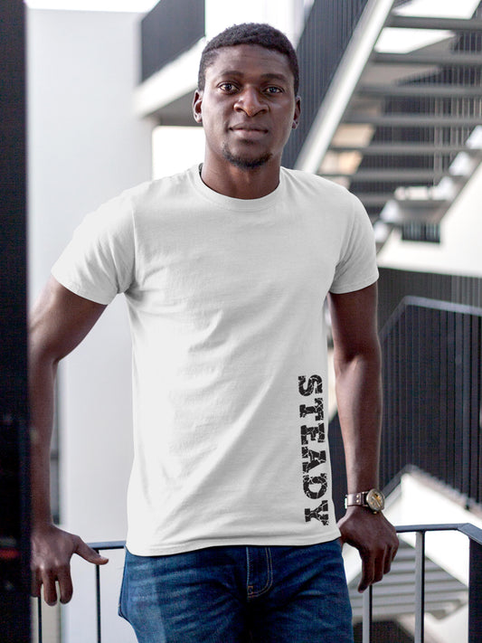 Model wearing Men's White Round Neck T-shirt with 'Steady' design, offering effortless style and premium comfort