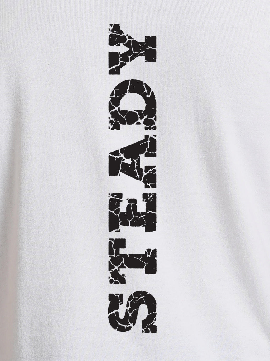 Close up of 'Steady' design on Men's White Round Neck T-shirt, highlighting intricate details and vibrant print.