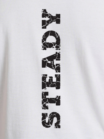 Close up of 'Steady' design on Men's White Round Neck T-shirt, highlighting intricate details and vibrant print.
