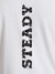 Close up of 'Steady' design on Men's White Round Neck T-shirt, highlighting intricate details and vibrant print.