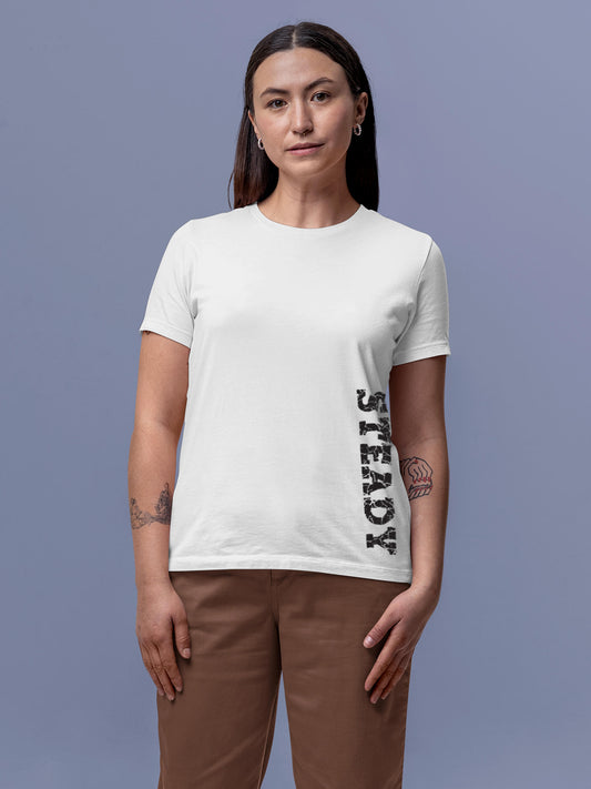 Model wearing Women's White Round Neck T-shirt with 'Steady' design, offering effortless style and premium comfort