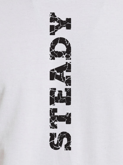 Close up of 'Steady' design on Women's White Round Neck T-shirt, highlighting intricate details and vibrant print.