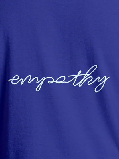 Close up of 'Empathy' design on Women's Blue Round Neck T-shirt, highlighting intricate details and vibrant print.