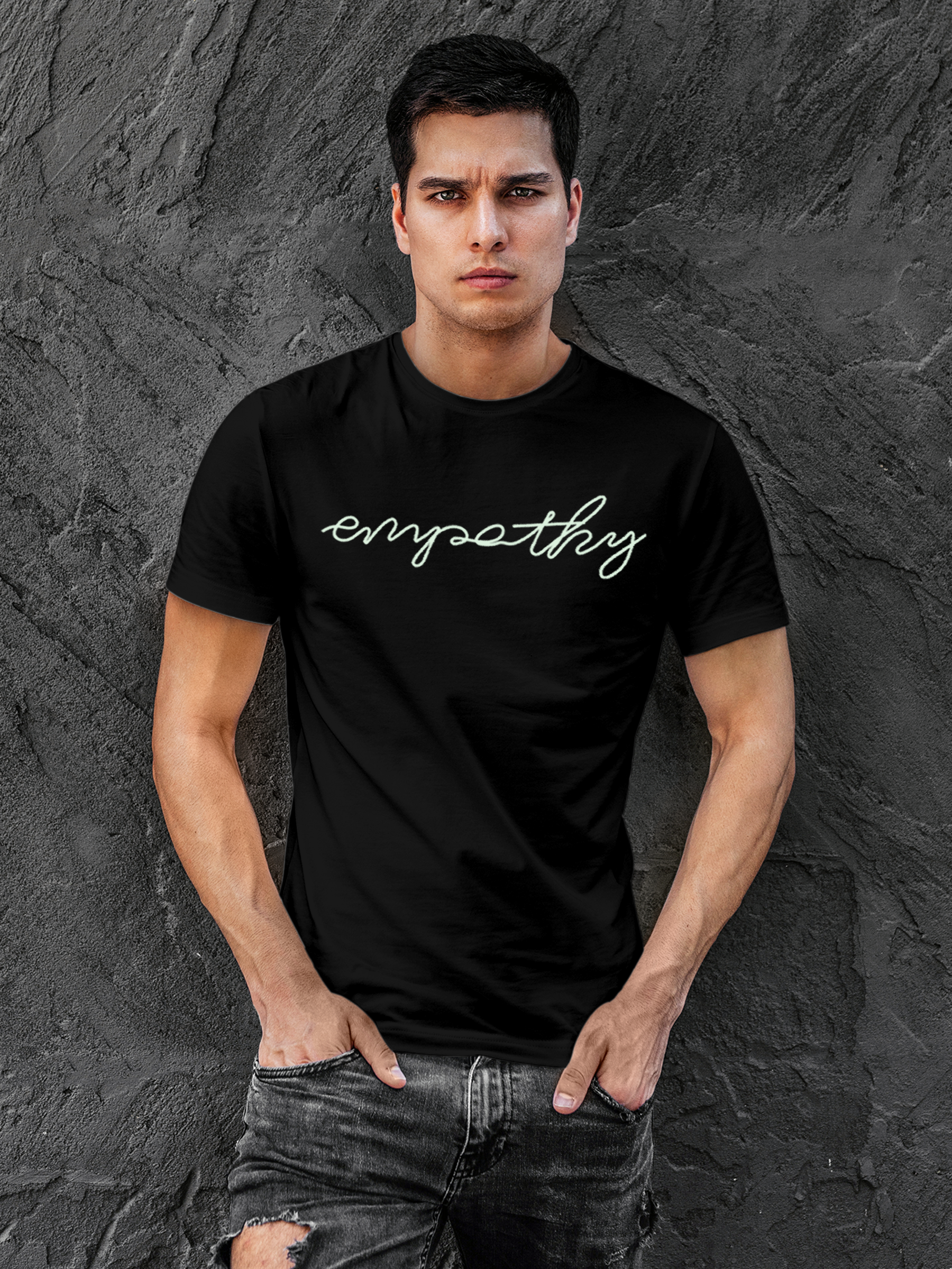Model wearing Men's Black Round Neck T-shirt with 'Empathy' design, offering effortless style and premium comfort