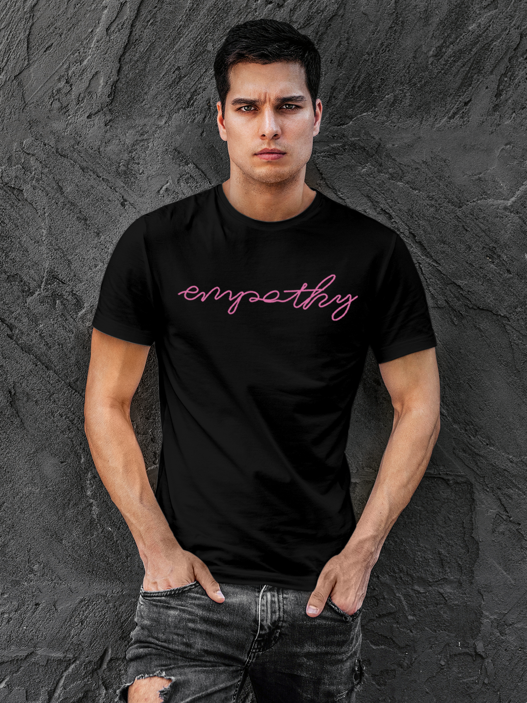 Model wearing Men's Black Round Neck T-shirt with 'Empathy' design, offering effortless style and premium comfort