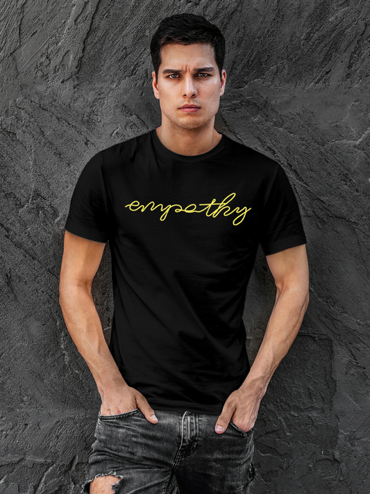 Fighterhero T-shirts: Model wearing Men's Black Round Neck T-shirt with 'Empathy' design