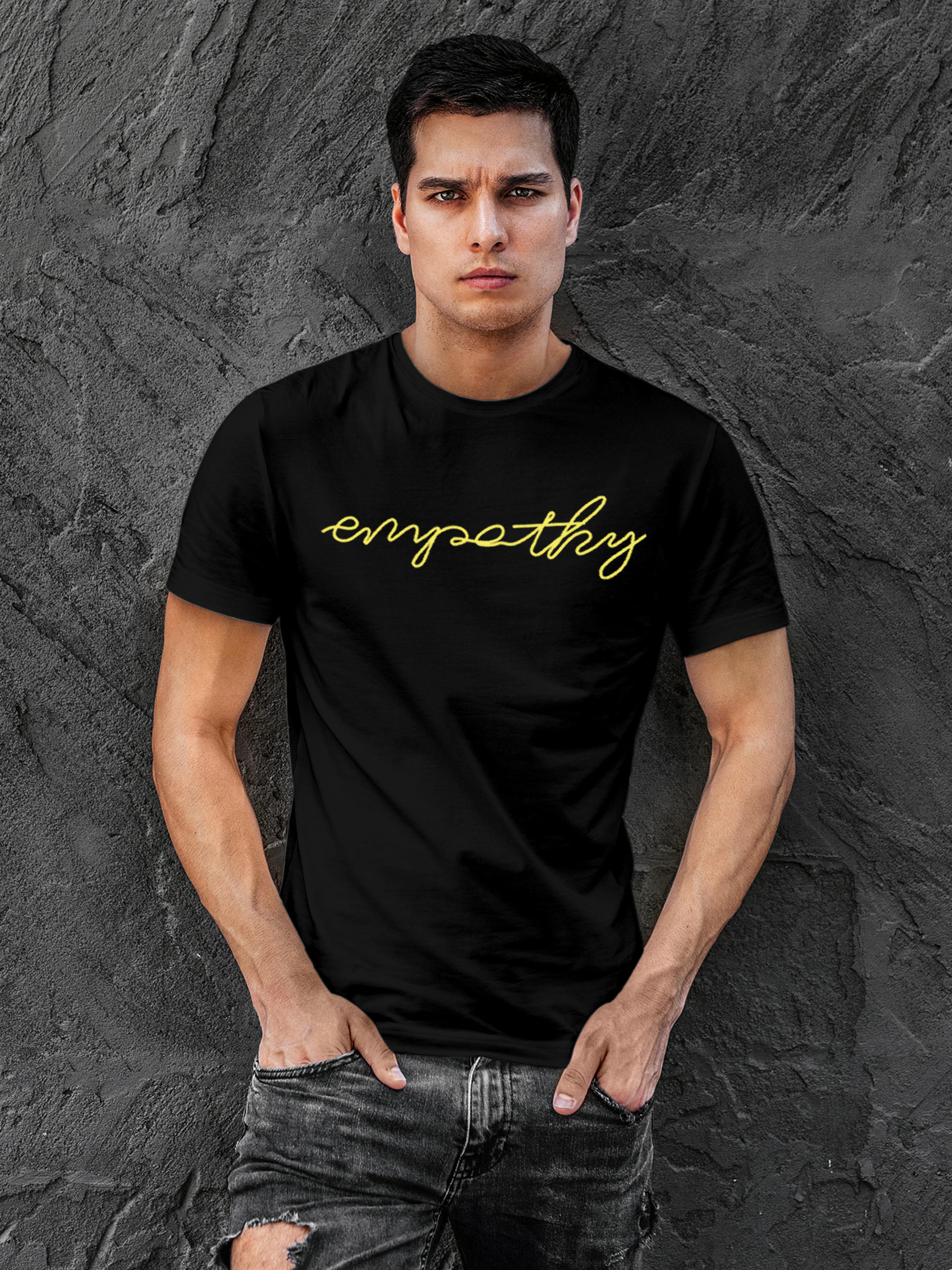 Model wearing Men's Black Round Neck T-shirt with 'Empathy' design, offering effortless style and premium comfort
