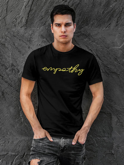 Model wearing Men's Black Round Neck T-shirt with 'Empathy' design, offering effortless style and premium comfort