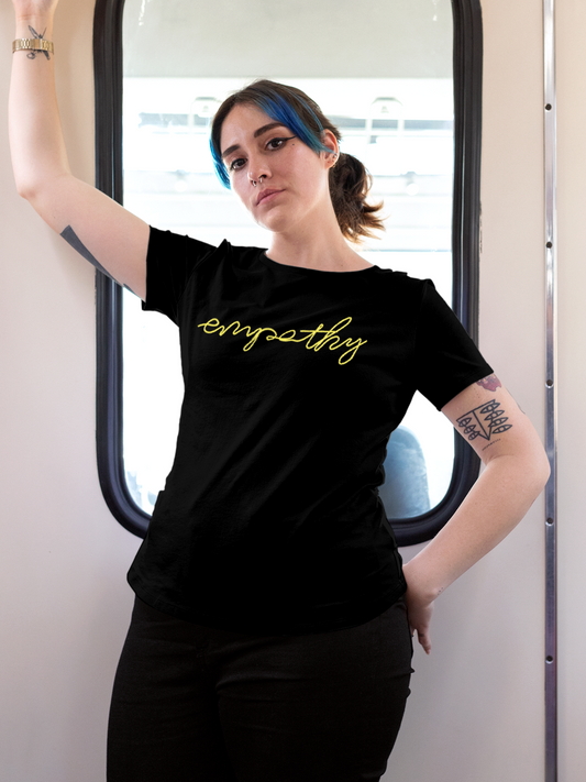 Fighterhero T-shirts: Model wearing Women's Black Round Neck T-shirt with 'Empathy' design