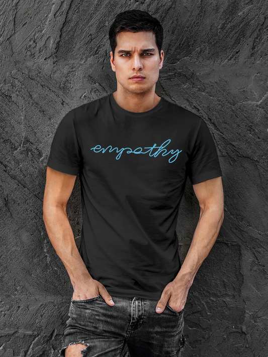 Fighterhero T-shirts: Model wearing Men's Charcoal Grey Round Neck T-shirt with 'Empathy' design