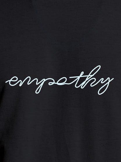 Close up of 'Empathy' design on Men's Dark Grey Round Neck T-shirt, highlighting intricate details and vibrant print.