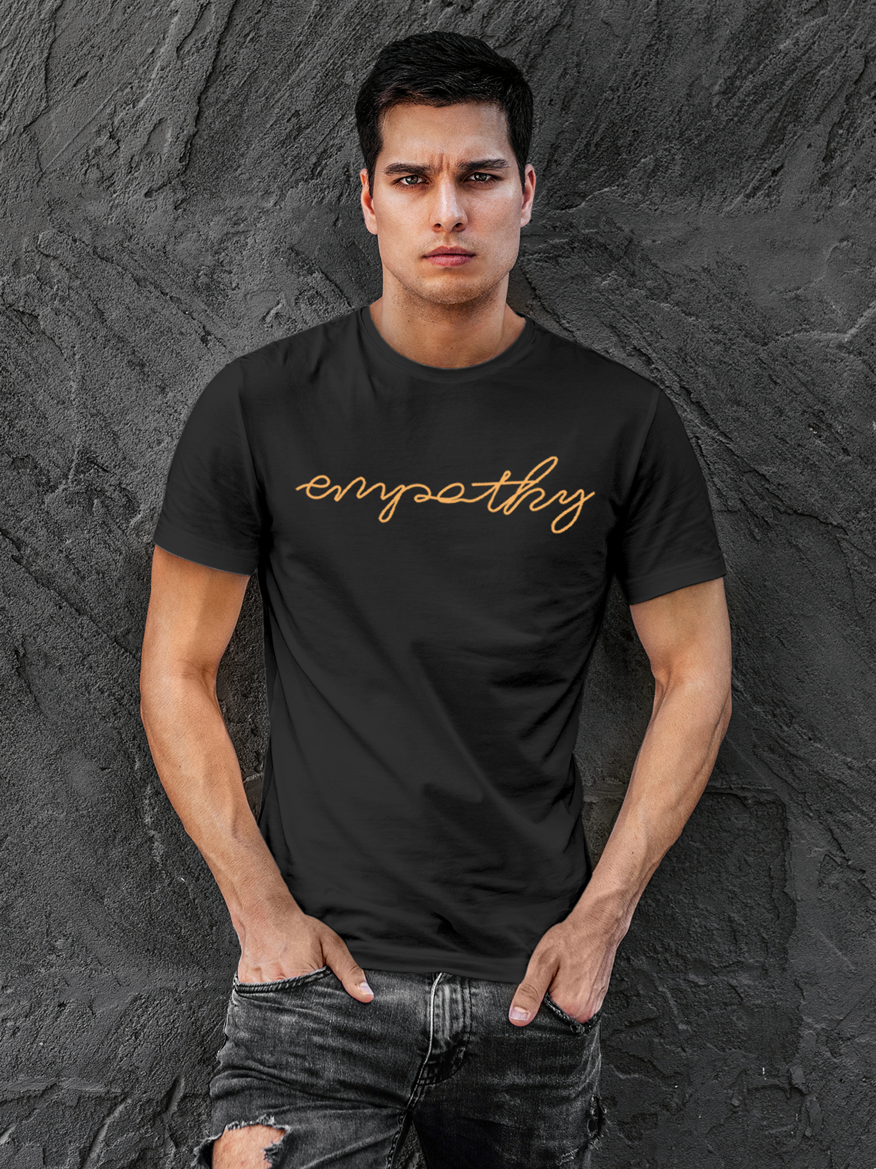 Model wearing Men's Charcoal Grey Round Neck T-shirt with 'Empathy' design, offering effortless style and premium comfort