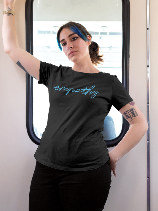 Fighterhero T-shirts: Model wearing Women's Charcoal Grey Round Neck T-shirt with 'Empathy' design