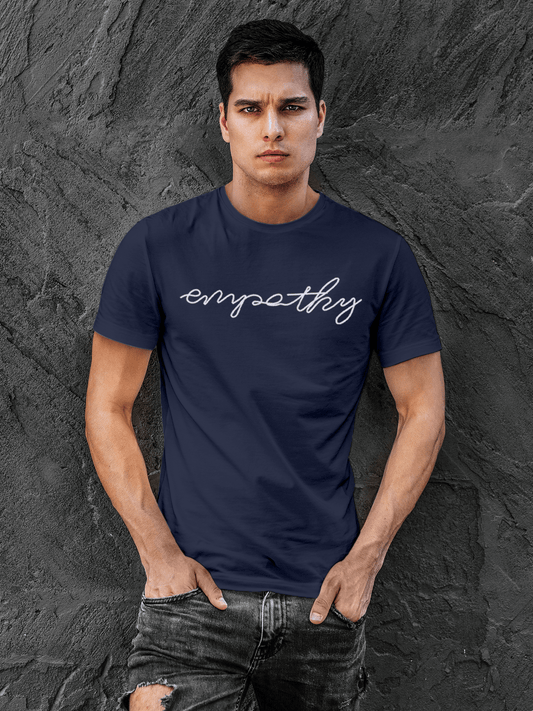 Fighterhero T-shirts: Model wearing Men's Navy Blue Round Neck T-shirt with 'Empathy' design
