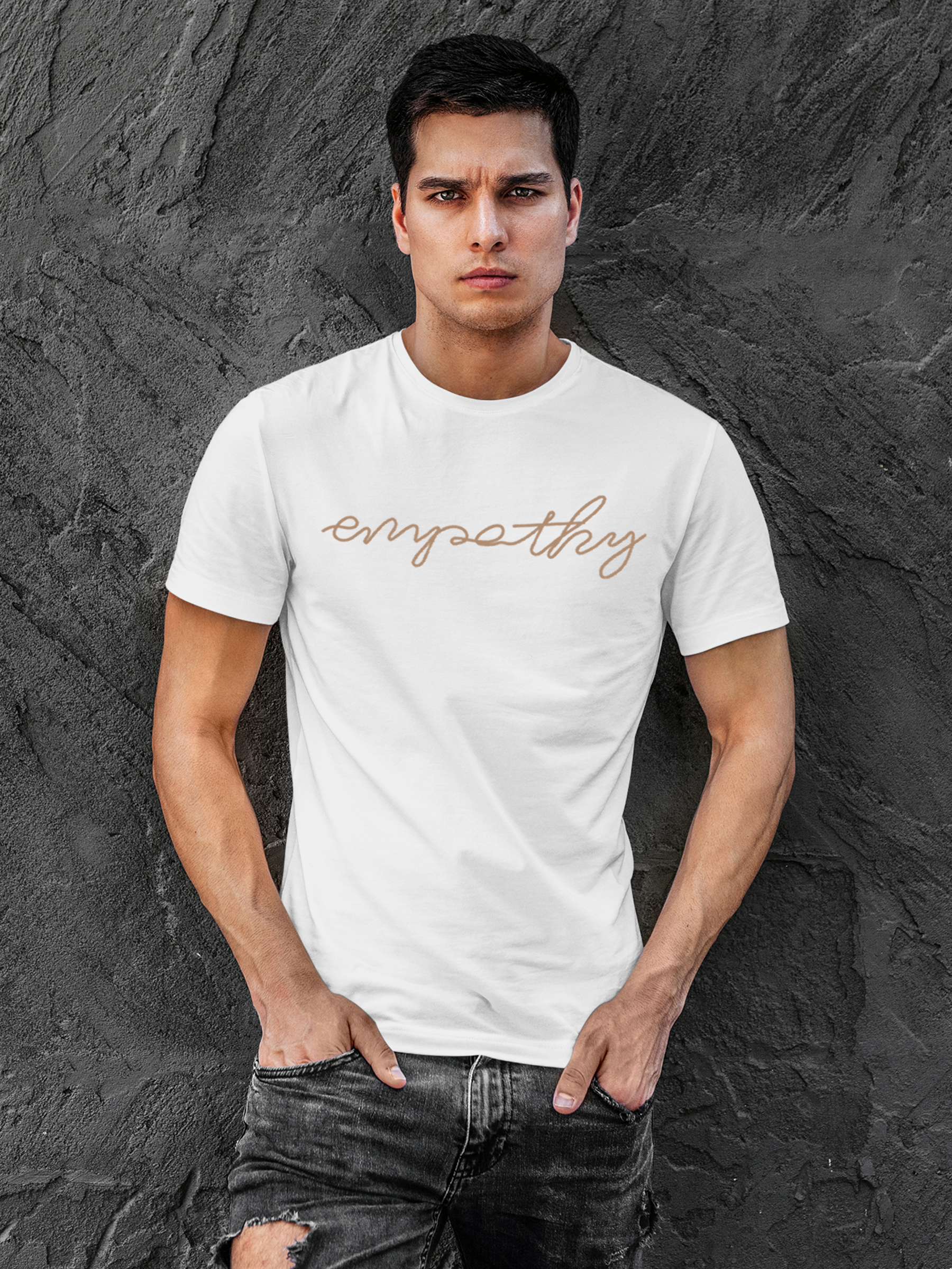 Model wearing Men's White Round Neck T-shirt with 'Empathy' design, offering effortless style and premium comfort