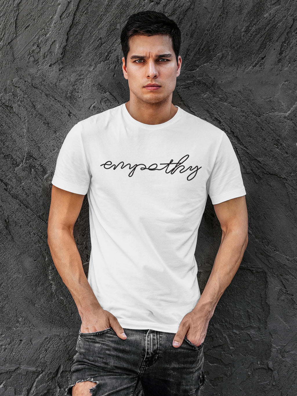Model wearing Men's White Round Neck T-shirt with 'Empathy' design, offering effortless style and premium comfort