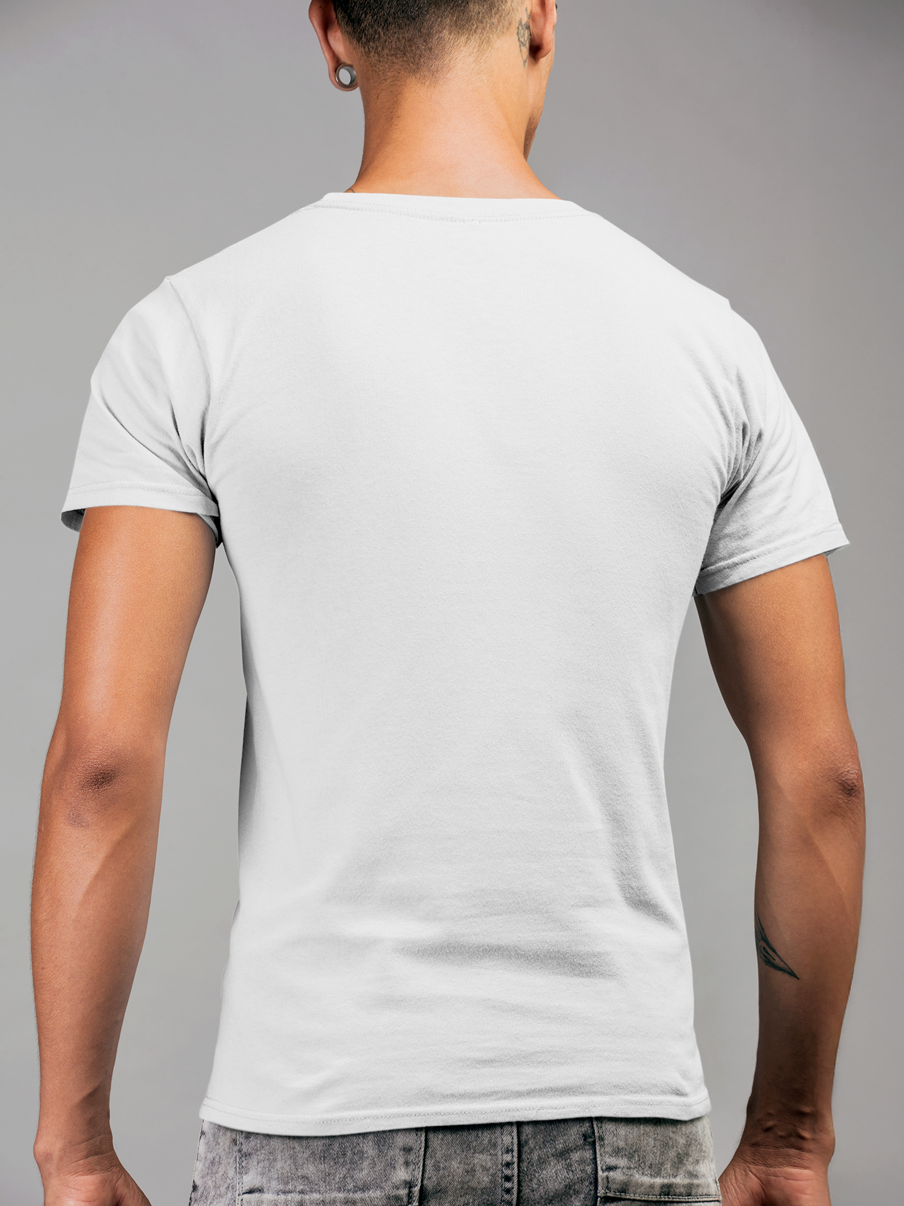 Back view of Fighterhero Men's White Round Neck T-shirt, highlighting the modern look and clean finish
