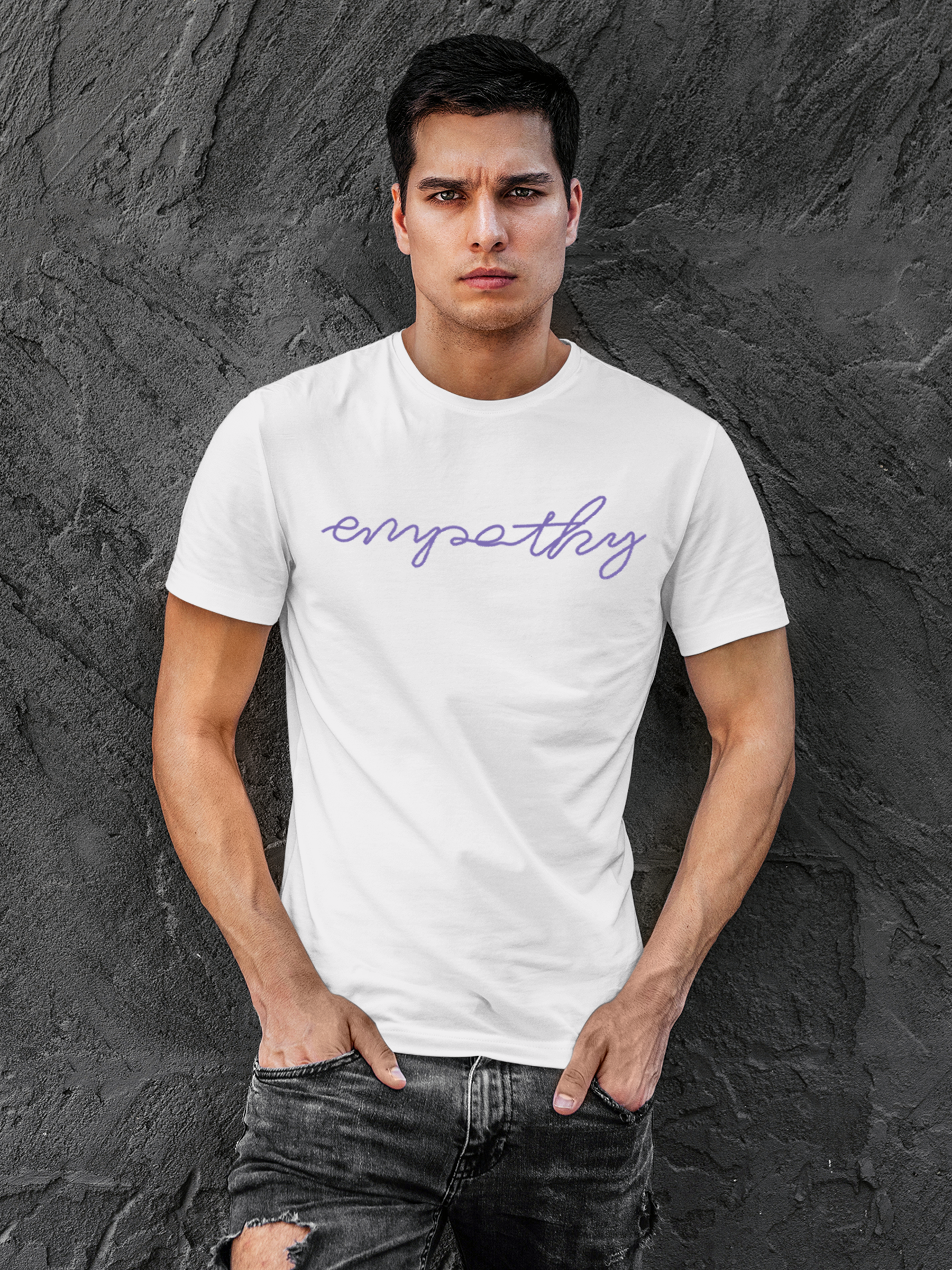 Model wearing Men's White Round Neck T-shirt with 'Empathy' design, offering effortless style and premium comfort