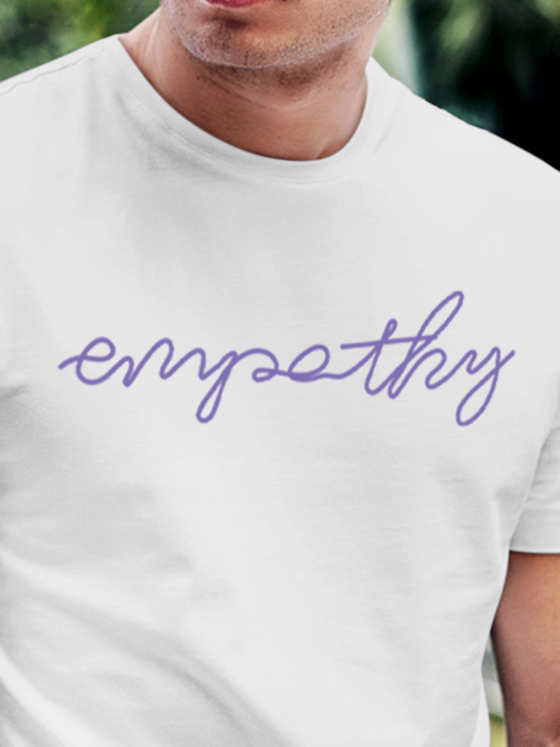 Close up of 'Empathy' design on Men's White Round Neck T-shirt, highlighting intricate details and vibrant print.