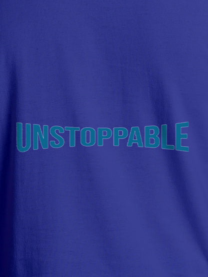 Close up of 'Unstoppable' design on Men's Blue Round Neck T-shirt, highlighting intricate details and vibrant print.